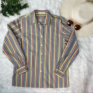 Foxcroft green red yellow blue boho stripe long sleeve collared button up blouse